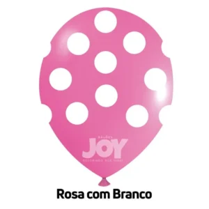 balão joy 9`` rosa c/ branco bolinhas (25 uni)